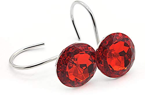 FINROS 12-Piece Red Diamond Crystal Bling Shower Curtain Hooks Rings