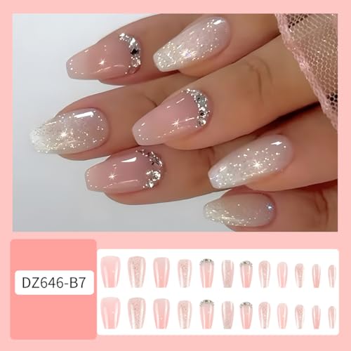 Nude Pink Press on Nails Long Coffin Glitter Glossy Rhinestone 24Pcs