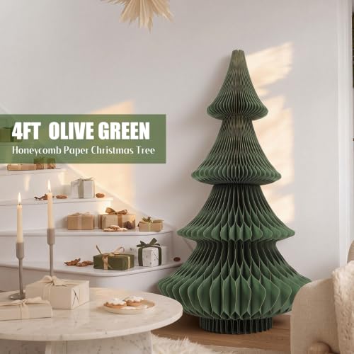Olive Green 4 ft Honeycomb Paper Christmas Tree - Large Foldable Holiday Decor