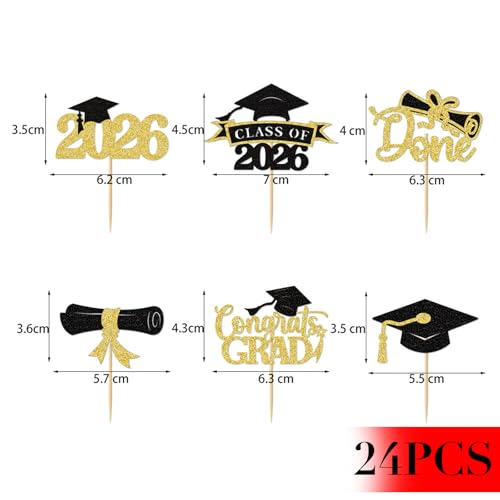 2026 Graduation Cupcake Toppers - Black & Gold Glitter Set of 24