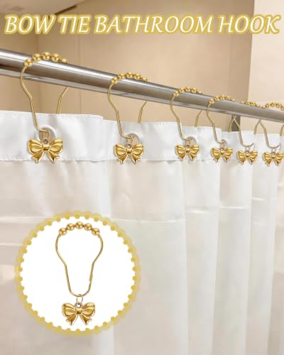 Gold Bow Shower Curtain Hooks 12-Pack - Rustproof Decorative Ring Set