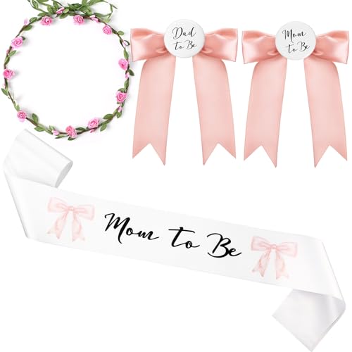 Pink Bow Mom to Be Sash Set with Crown & Pins for Baby Shower