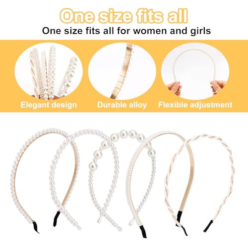 Penitue 5pcs Acrylic Pearl Headbands for Women Elegant Hair Accessories