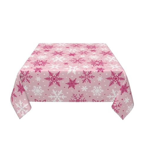 Pink Christmas Square Tablecloth 60x60 Inch Snowflake Holiday Decor - Pink & White
