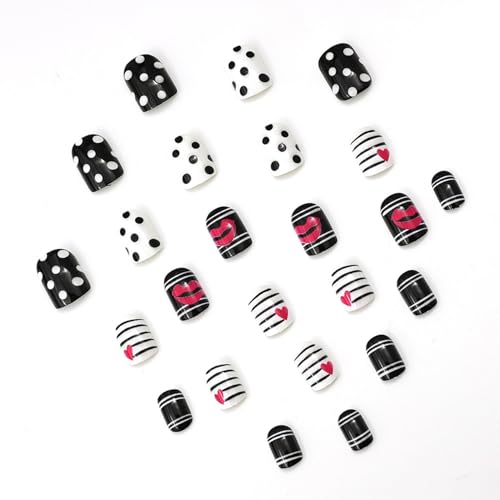 Valentine Short Square Press on Nails with Heart and Lip Designs - 24 Pcs