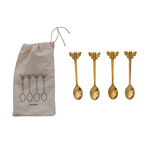 Creative Co-Op Farmhouse Brass Spoons with Bee Handles in Drawstring Bag, Brass Finish