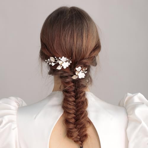 Bridal Hair Pins White Flower Gold Leaf Pearls - SELFCLOUD
