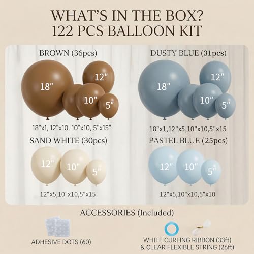 Dusty Blue & Brown Balloon Arch Kit - 122 Pcs Baby Shower Decor