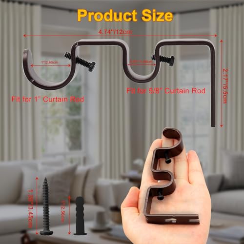 Shonmogar Brown Double Curtain Rod Bracket 2 Pack Heavy Duty Wall Mount for Bedroom & Living Room
