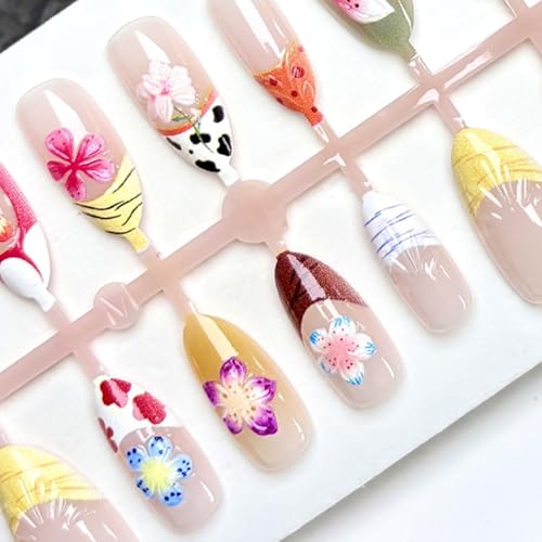 YKZFUI 30pcs Medium Almond Press On Nails with 3D Floral French Design