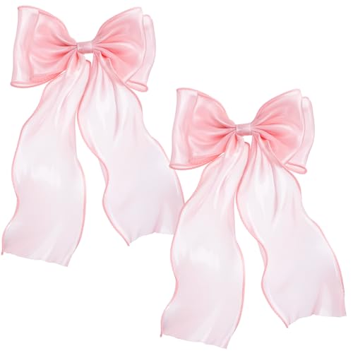 Mabor Large Pink Hair Bows with Long Tail Clip, 2 Pcs
