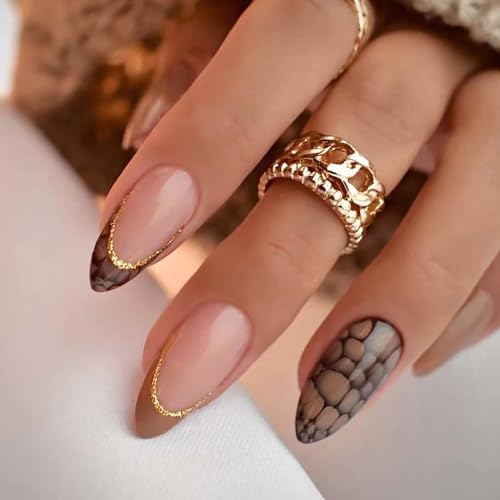 Fall Press on Nails Almond French Tips Nude Brown Gold Glitter Medium
