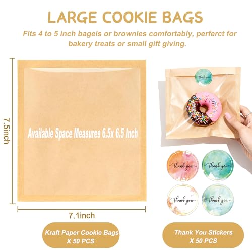 50 Pack Bakery Cookie Bags with Window & Thank You Stickers
