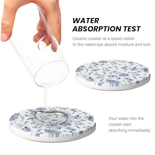 Vintage Blue Flower Car Coasters - 2 Pack Ceramic Cup Holder Accessories
