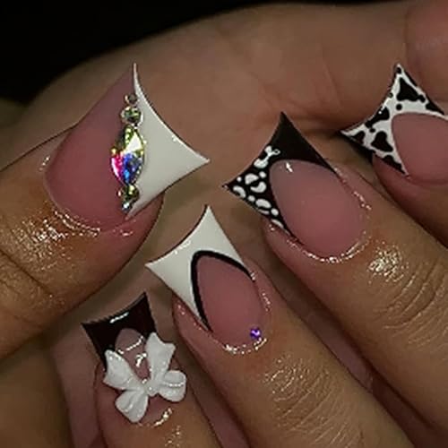 Black and White French Press on Nails Short Square with Rhinestones Bow