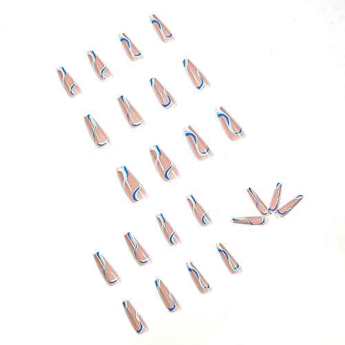 Extra Long Coffin Press on Nails Blue Abstract Swirl False Nails 24Pcs