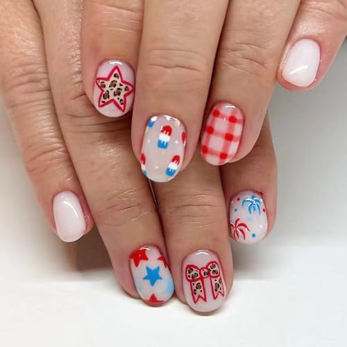 Independence Day Short Square Press on Nails with Bow and Star Designs