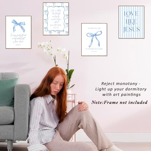 Blue Bow Wall Art Set - 4PCS Bible Verse Posters for Bedroom Decor