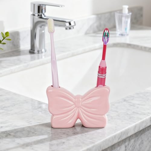 Pink Bow Ceramic Toothbrush Holder - Cute Bathroom Counter Organizer
