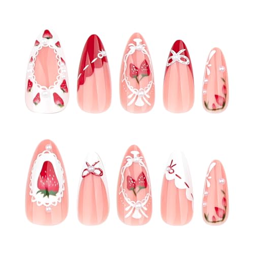 Strawberry Press On Nails Medium Almond Red French Tip False Nails