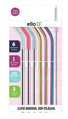Ello Reusable Stainless Steel Straws with Silicone Tips - 6 Pack