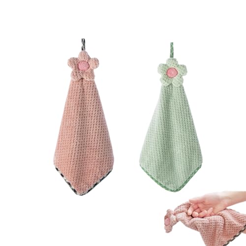 2Pcs Hanging Hand Towels, Super Soft Absorbent Coral Fleece Kitchen Towels