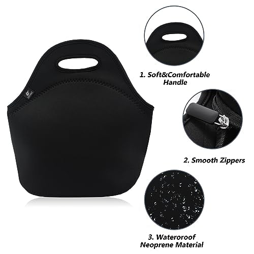 LOVAC Insulated Lunch Bag - Reusable Neoprene Tote, Pure Black