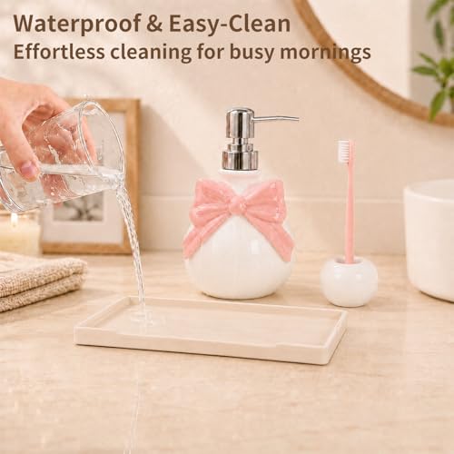 Elegant Pink Ceramic Bathroom Accessories Set with Bow Design