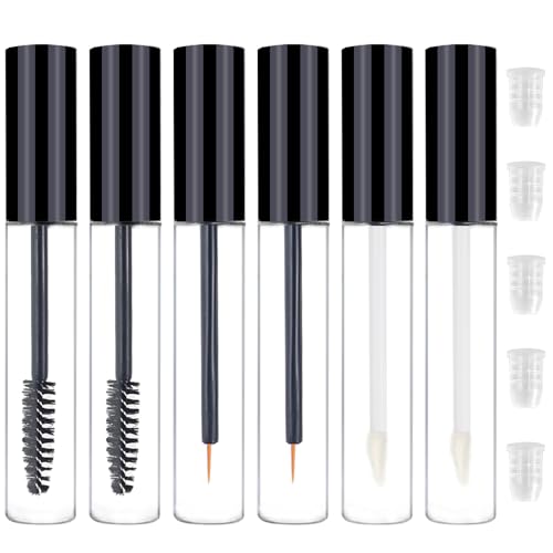 ZNBSIXP 6PCS Empty Mascara, Eyeliner and Lip Gloss Tubes Set, 10ml DIY Cosmetic Containers with Rubber Inserts, Black