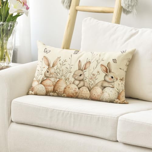 Easter Bunny Flowers Throw Pillow Cover 12x20 Inch - Durable Polyester