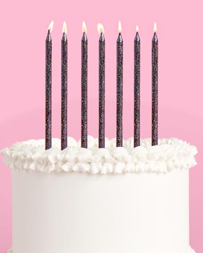 Black Glitter Birthday Cake Candles - 10 Tall Thin Party Decor