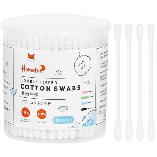 HOMEFOX Organic Cotton Swabs 200 Count Spiral & Round Double Tipped Buds