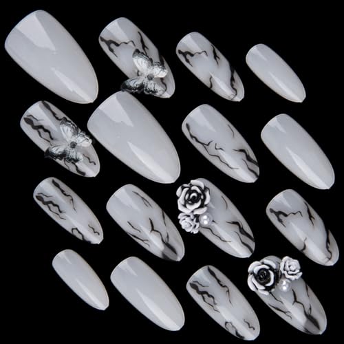 3D Handmade Press On Nails Almond Glossy Black White Marble Butterfly