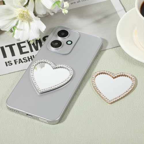 Larrel Heart Shape Phone Mirror 2 Pcs Self-Adhesive Rhinestone Bling Mobile Phone Case Makeup Mirror