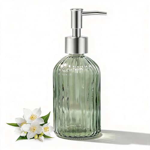Green Striped Glass Soap Dispenser, 12oz Refillable Bottle with Silver Pump