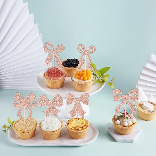 24 Pink Bowknot Cake Toppers - Wedding & Birthday Party Decor