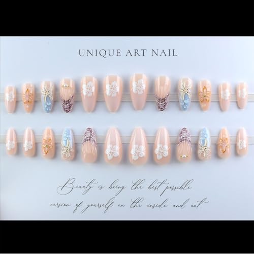 Short Almond Press On Nails Fall Flower French Tip Fake Nails 24Pcs
