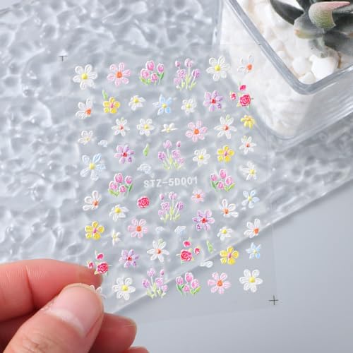 5D Embossed Flower Nail Stickers - Daisy Floral Decals 4 Sheets