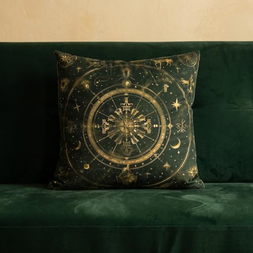 Dark Green Celestial Velvet Pillow Cover 18x18, Boho Sun Moon Astrology Print