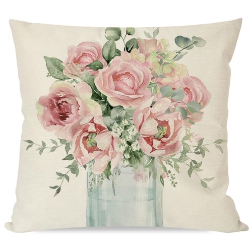 PANDICORN Pink Floral Spring Throw Pillow Cover, 18x18 Inch Farmhouse Decor