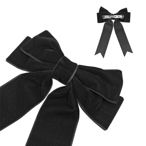 Quacc Large Velvet Bow Hair Clip with Satin Ribbon - Black Hair Accessory