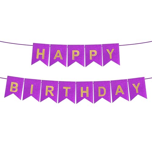 Purple Happy Birthday Banner - 16ft Pre-Strung Glitter Decoration