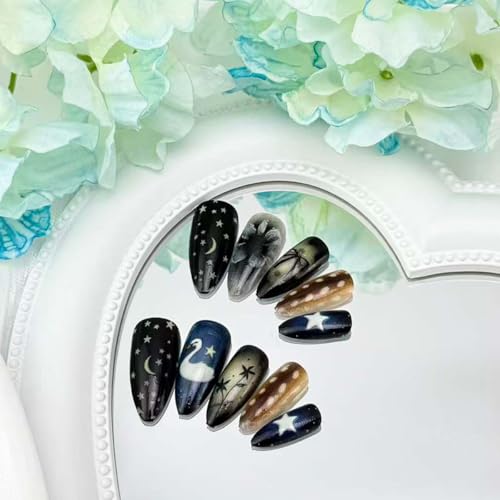 Medium Almond Press on Nails Star Moon Bow Glossy Acrylic Fake Nails