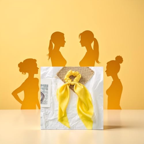 Yellow Satin Hair Scrunchie with Bow Ribbon Ponytail Holder
