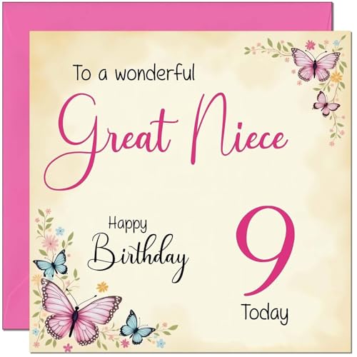 9th Great Niece Birthday Card - Floral Butterfly 9 Year Old Card