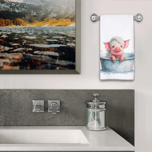 KIDEAR Bathing Pig Hand Towel - Cute Microfiber Kitchen Towel (16x24)