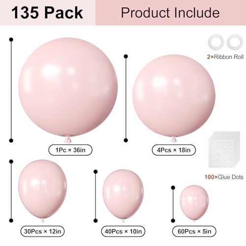 KALOR 135-Piece Light Pink Balloon Garland Arch Kit - Multi-Size Latex Set