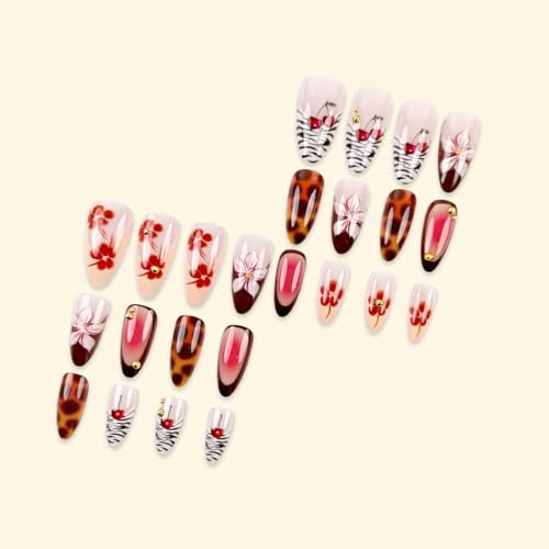 OSTTMA Flower Leopard Print Press on Nails Almond Medium French Fake Nails