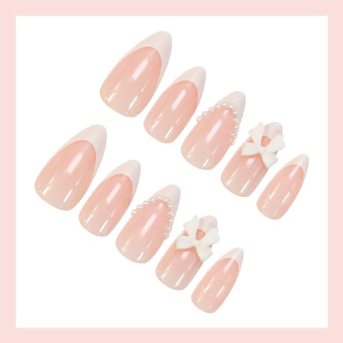 French Tip Press on Nails Nude Almond Fake Nails with Bow and Pearls