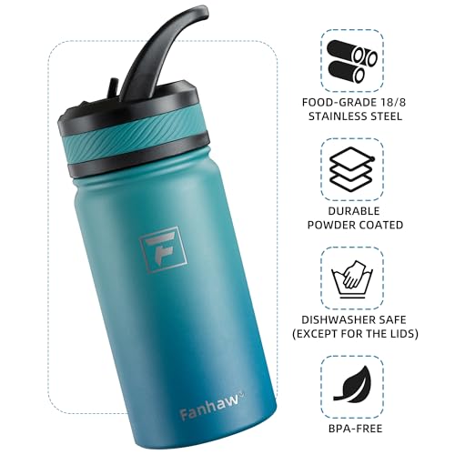 Fanhaw 14 oz Kids Insulated Water Bottle with Straw Lid - Green Blue